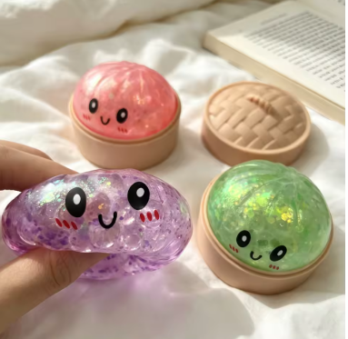 Hot Glitter Dumpling Squishy with Box Dumplings Sensory Steamer Soft Dough Ball for Decompression Fidget Toy Stress Relief Gift